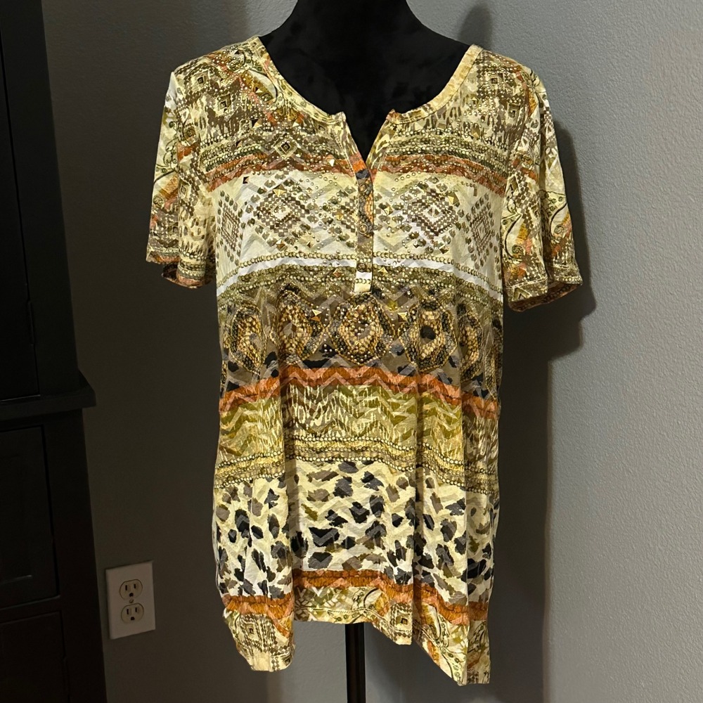 Onque Casuals Tunic XL Boho Print High Low Top Short Sleeve Earthy Beaded